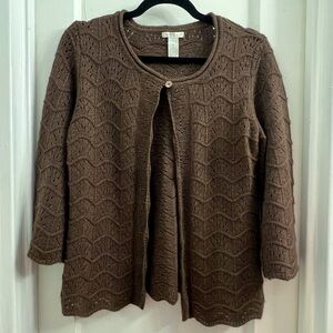 Tweeds Cardigan Brown Angora Rabbit Hair Wool Blend 3/4 sleeve, size L